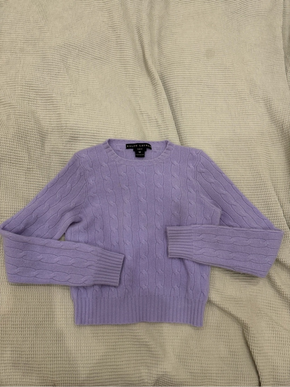 Ralph Lauren Black Label Lavender Cable-Knit Crewneck 100% Cashmere Sweater